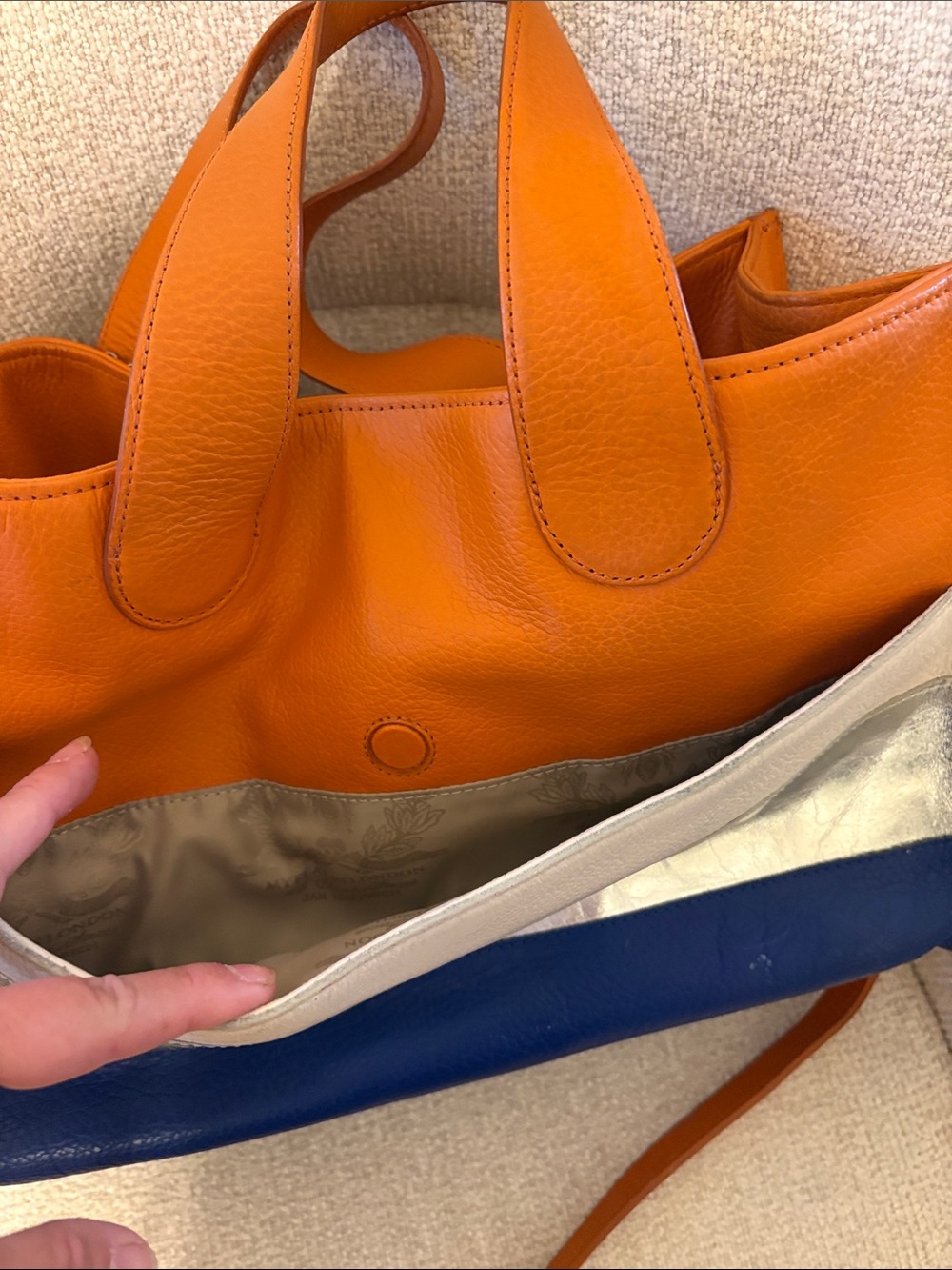 My Flat in London has Orange, Blue & Silver Colorblock Leather Tote Bag - Picture 6 of 8